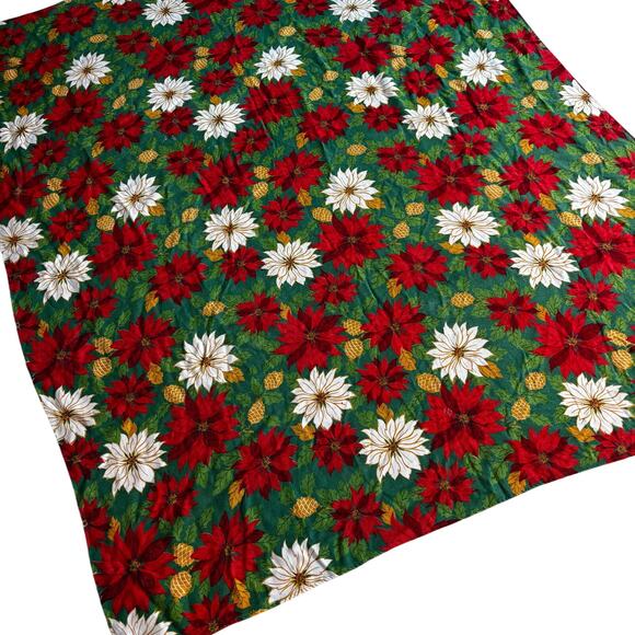 Christmas Tablecloth vintage 70's woven red green white gold poinsettias cloth - Picture 1 of 7